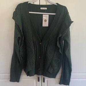 Green Open-Knit V-Neck Cardigan Sweater